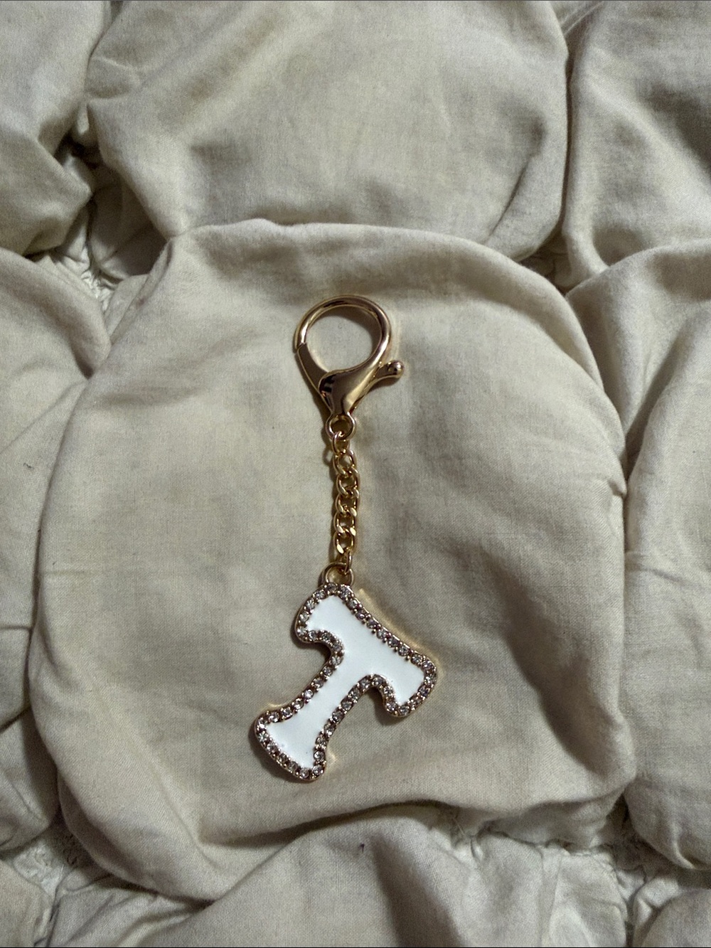 Free People Gold Tone White Enamel Pavé Crystal Initial Letter T Bag Charm Keych